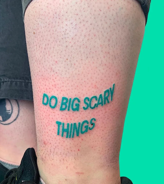 Medium Script Text Quote Tattoo on Men Leg by @fredpokes