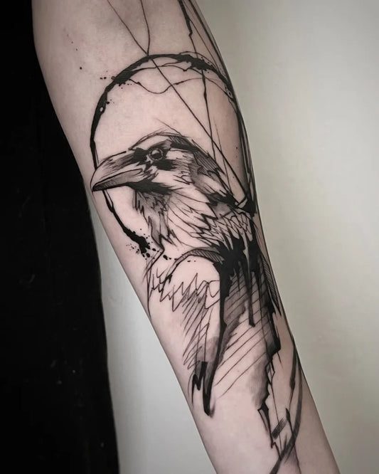 Medium Sketch Crow Tattoo on Women Arm by @loiseautattoo
