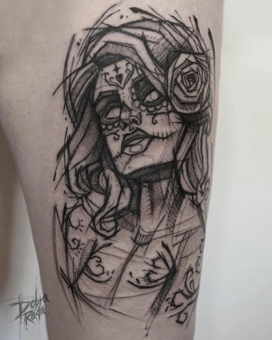 Medium Sketch Santa Muerte Tattoo on Women Thigh by @pokoj.zyczen