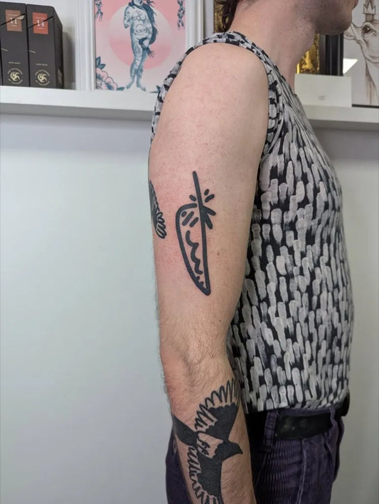 Medium Stick and Poke Feather and Crow Men Arm by @starttodaytattoo