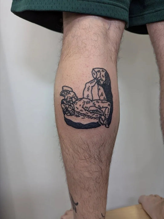 Medium Stick and Poke Sitting Figure with Dog Tattoo on Men Leg by @starttodaytattoo