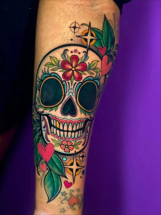 Medium Sugar Skull Skull Flower Hearts on Women Arm Tattoo by @sarahfigueroatattoos