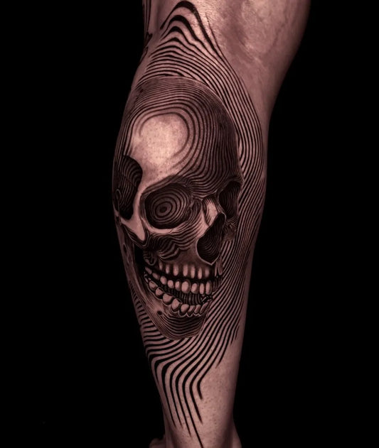 Medium Surreal Skull Waves on Men Leg Tattoo by @ccaligo_tattoo