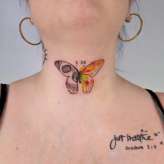 Surrealism Butterfly Skull on Women Neck Tattoo by @ashers.tattoos