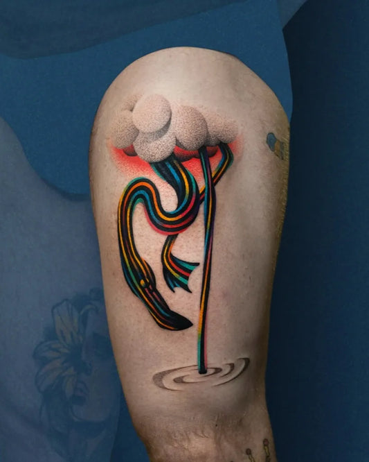 Medium Surrealism Flamingo Ribbon Cloud Tattoo on Men Arm by @aleksymarcinow