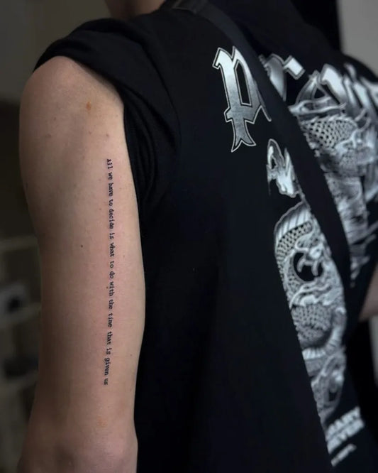 Medium Text Script on Men Arm Tattoo by @vean_tattoo_hungary