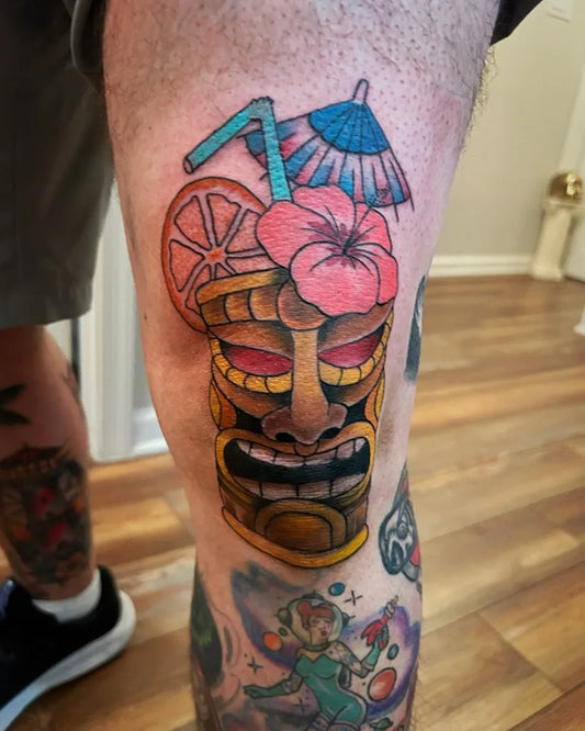 Medium Tiki Tiki Mug Hibiscus on Men Thigh Tattoo by @kashwb_tattoos