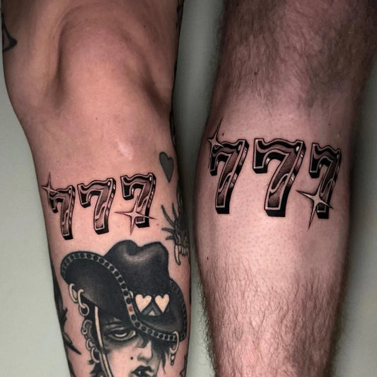Medium Traditional 777 Tattoo on Women Thigh by @sleepraver