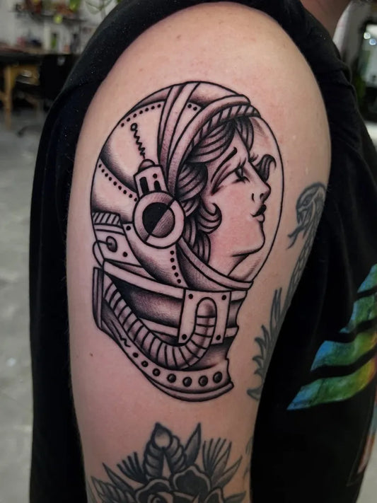 Medium Traditional Astronaut Tattoo on Men Shoulder by @matttstoner