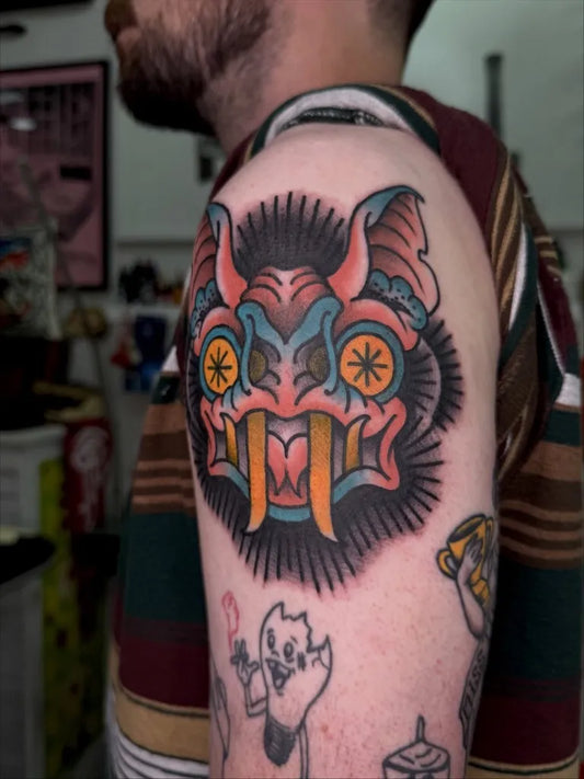 Medium Traditional Bat Demon Tattoo on Men Shoulder by @shanti_stab