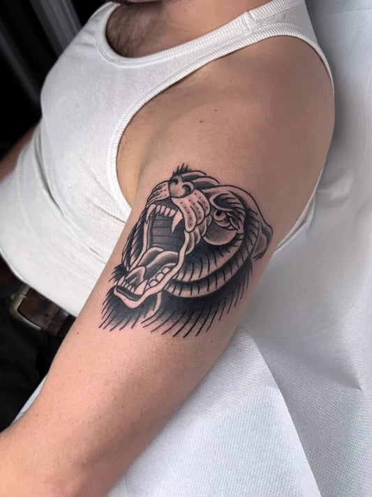 Medium Traditional Bear on Men Shoulder Tattoo by @lucky_ttt__
