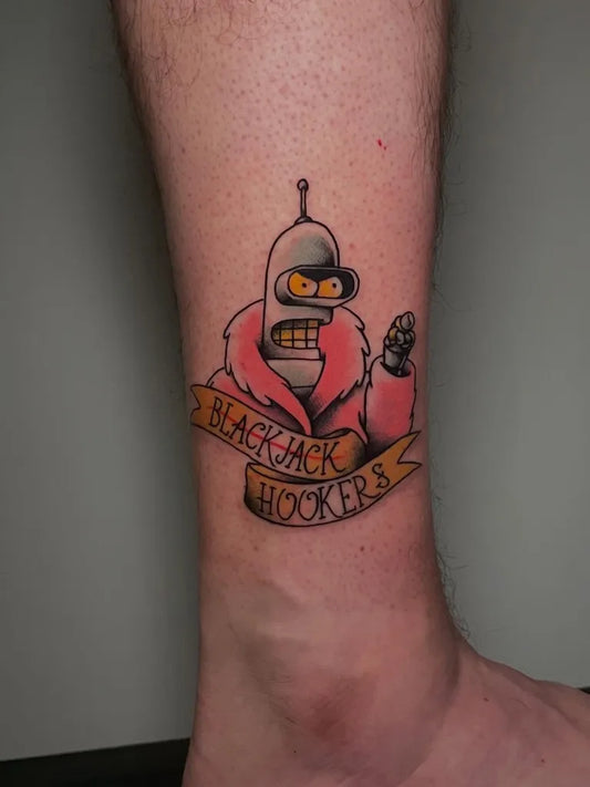 Medium Traditional Bender Black Jack Banner Cartoon Tattoo on Men Leg by @therusstattoo