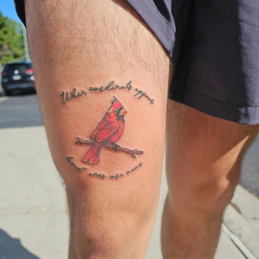 Medium Traditional Cardinal Bird Tattoo on Men Thigh by @gardencandyink