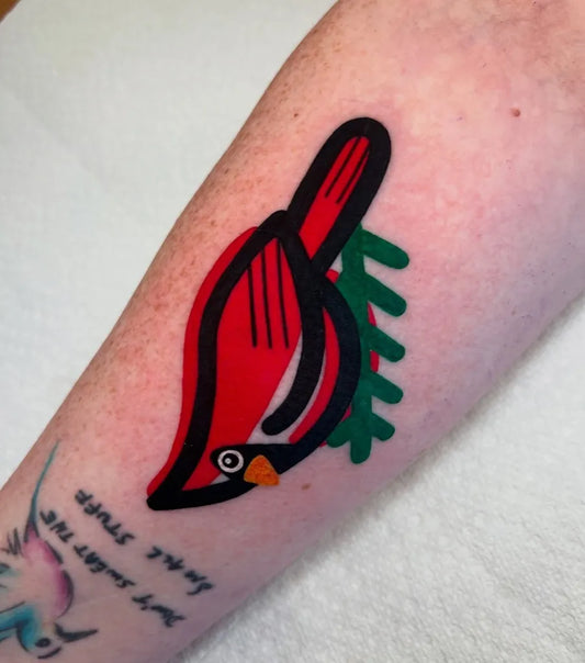 Medium Traditional Cardinal Bird Tattoo on Women Arm by @mbakertattoo