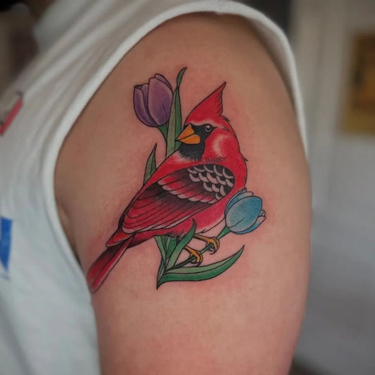 Medium Traditional Cardinal and Tulips Tattoo on Women Arm by @montauktattoony
