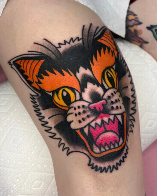 Medium Traditional Cat Tattoo on Women Knee by @leonetats