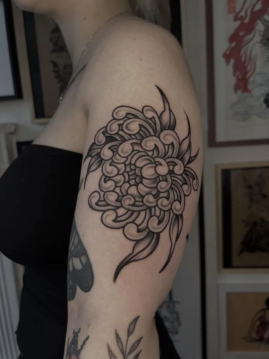 Medium Traditional Chrysanthemum Leaves Tattoo on Women Arm by @__luketattoo__