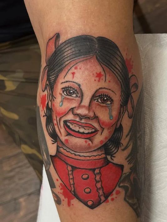 Medium Traditional Creepy Girl Horror Tattoo on Women Arm by @franklintattoos