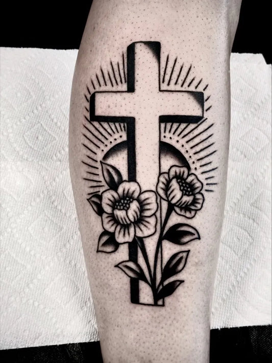 Medium Traditional Cross Flowers on Men Leg Tattoo by @chasewimerxoxo