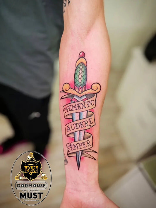 Medium Traditional Dagger Banner Tattoo on Men Arm by @reitattooghemme