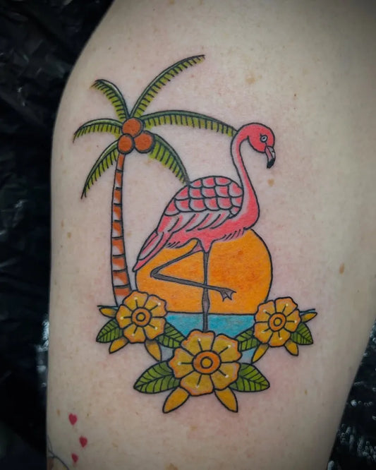Medium Traditional Flamingo Palm Tree Sun Tattoo on Women Arm by @ao_bangkoktattoo