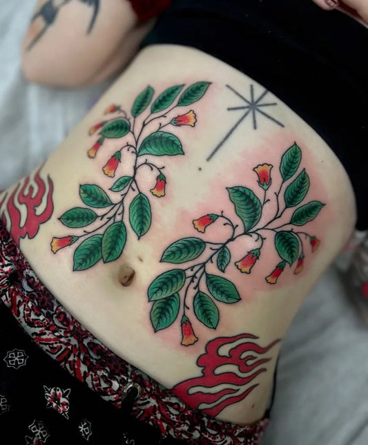 Medium Traditional Fuchsia Branch Star Tattoo on Women Stomach by @_._.mang