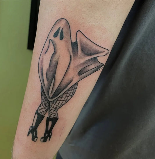 Medium Traditional Ghost Stockings Tattoo on Women Arm by @embry.ink