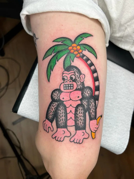 Medium Traditional Gorilla and Palm Tree Tattoo on Men Arm by @fky996