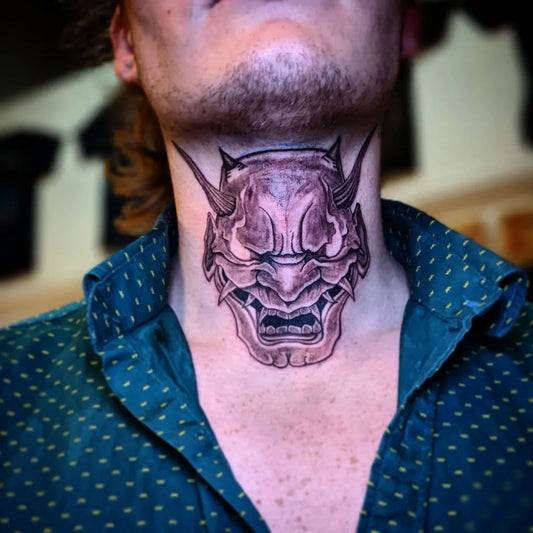 Medium Traditional Hannya Mask on Men Neck Tattoo by @highbie