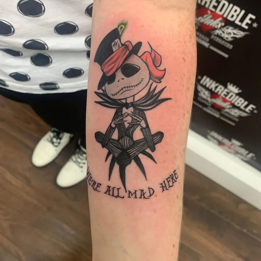 Medium Traditional Jack Skellington in Meditation Pose on Women Arm Tattoo by @inkredible_inks_ash