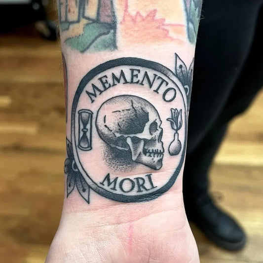Medium Traditional Memento Mori skull hourglass on Men Forearm Tattoo by @markmeyertattooer