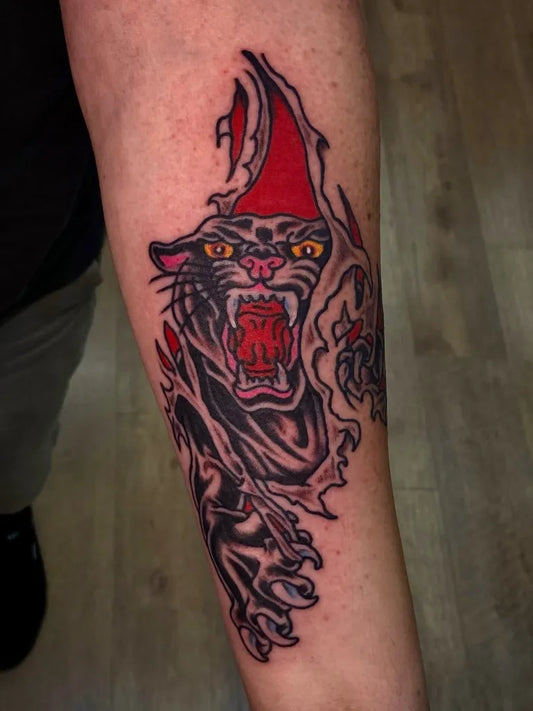 Medium Traditional Panther Tattoo on Men Arm by @marcos_tattoopainter