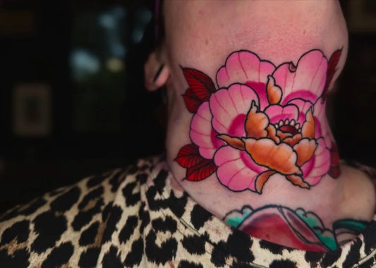 Medium Traditional Peony Tattoo on Women Throat by @zakkbissekertattoo