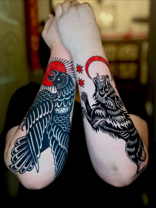 Medium Traditional Raven Wolf Sun Tattoo on Women Arm by @guid