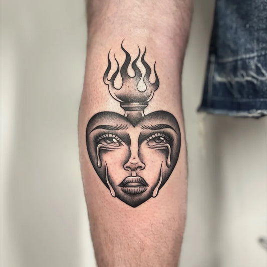 Medium Traditional Sacred Heart Tattoo on Men Thigh by @bad.dog.tattoo