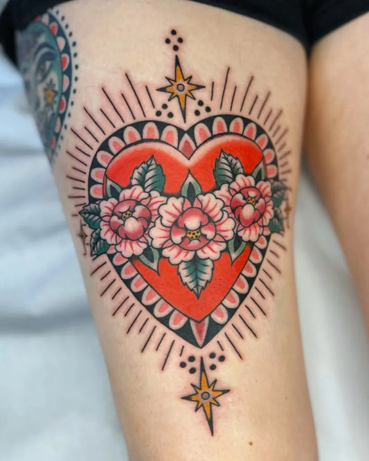 Medium Traditional Sacred Heart with Roses Tattoo on Women Thigh by @badmanazzz