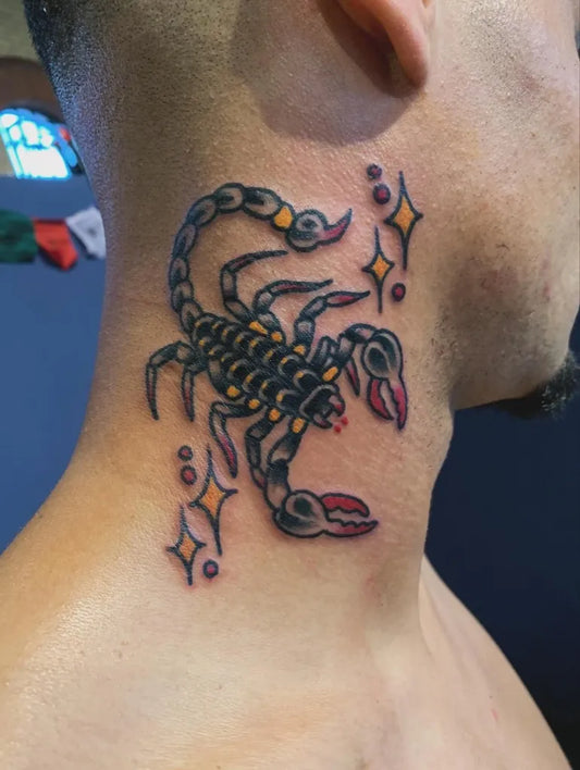 Medium Traditional Scorpion with Stars on Men Neck Tattoo by @alexdeetattoos