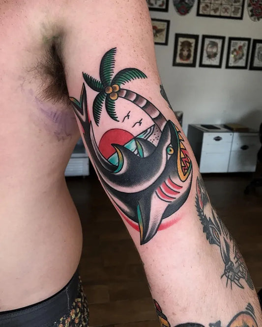 Medium Traditional Shark and Palm Tree on Men Arm Tattoo by @adjul_pdt