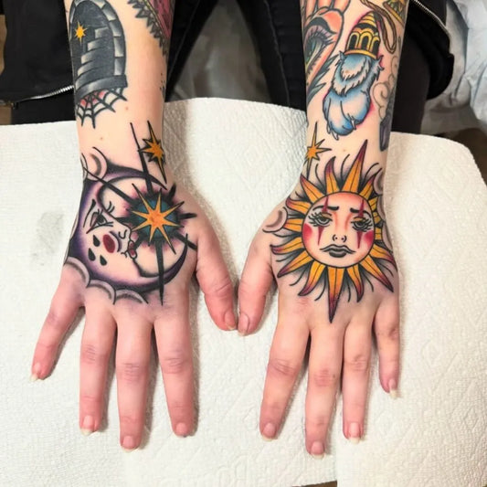 Medium Traditional Sun Moon and Spiderweb on Women Hands Tattoo by @lindenstreettattooco