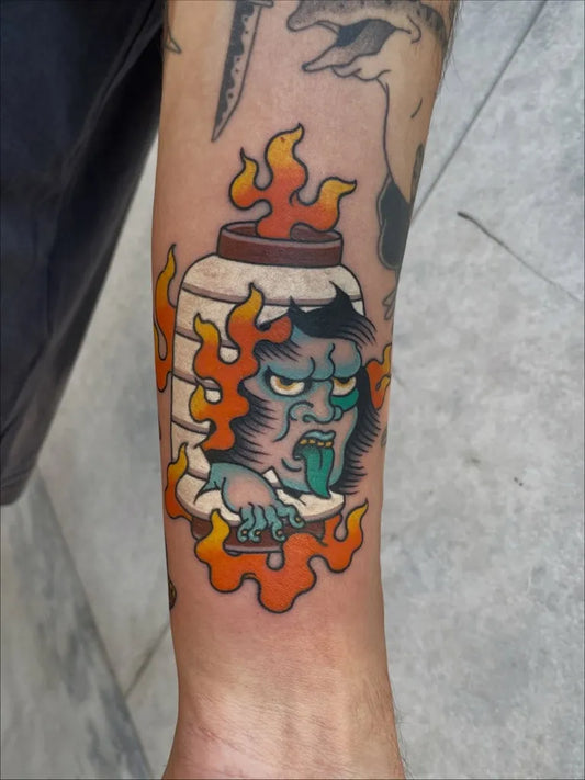 Medium Traditional Tengu Lantern Tattoo on Men Arm by @momoyuhi_tattoo