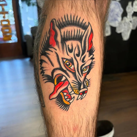 Medium Traditional Wolf Tattoo on Men Leg by @mrcizdog