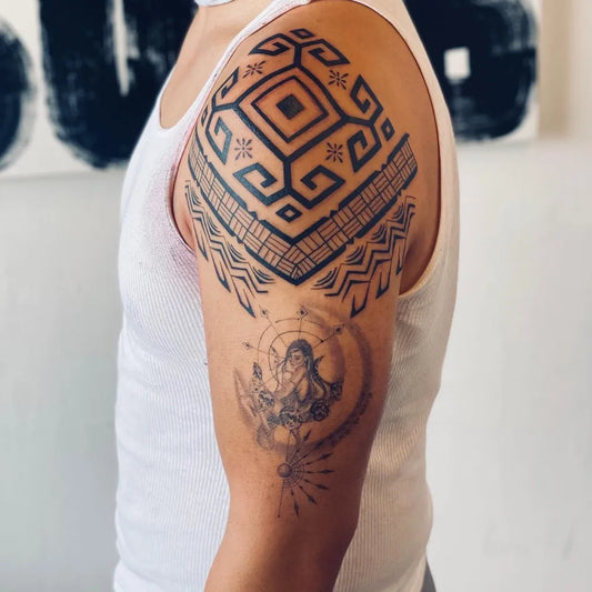 Medium Tribal Greek Pattern Goddess Tattoo on Men Upper Arm by @paolorujo