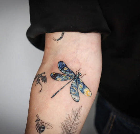 Medium Van Gogh Style Dragonfly Bee Feather on Women Arm Tattoo by @kayatatt