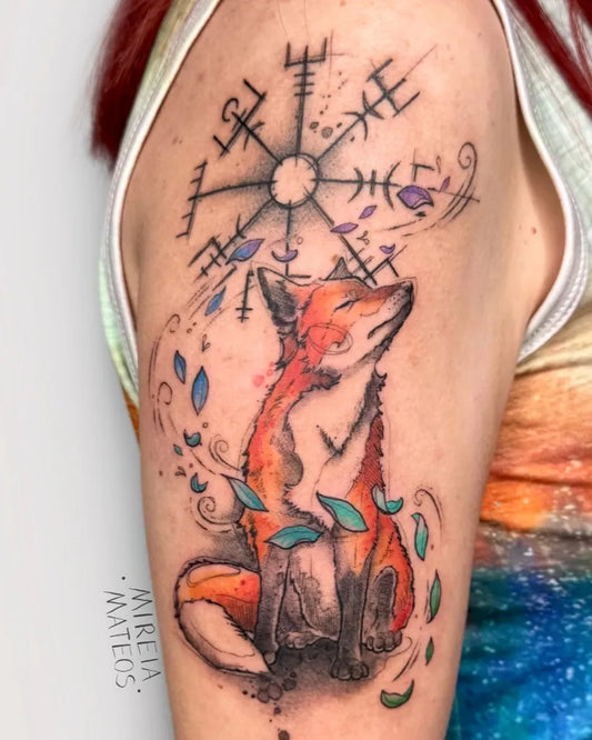 Medium Vegvisir Fox Vegvisir Tattoo on Women Arm by @mireiamateostattoo