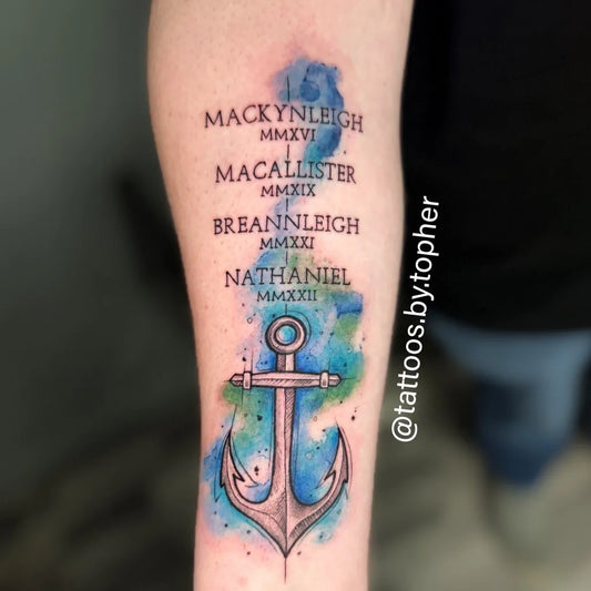 Medium Watercolor Anchor Tattoo on Men Arm by @tattoos.by.topher