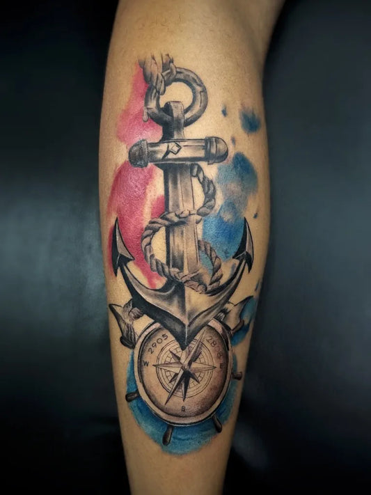 Medium Watercolor Anchor and Compass Tattoo on Women Leg by @lole45_tattoo