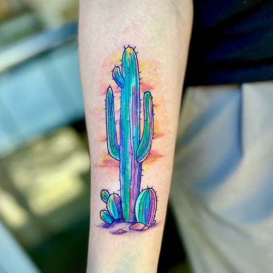 Medium Watercolor Cactus Family Tattoo on Women Arm by @trueloveart