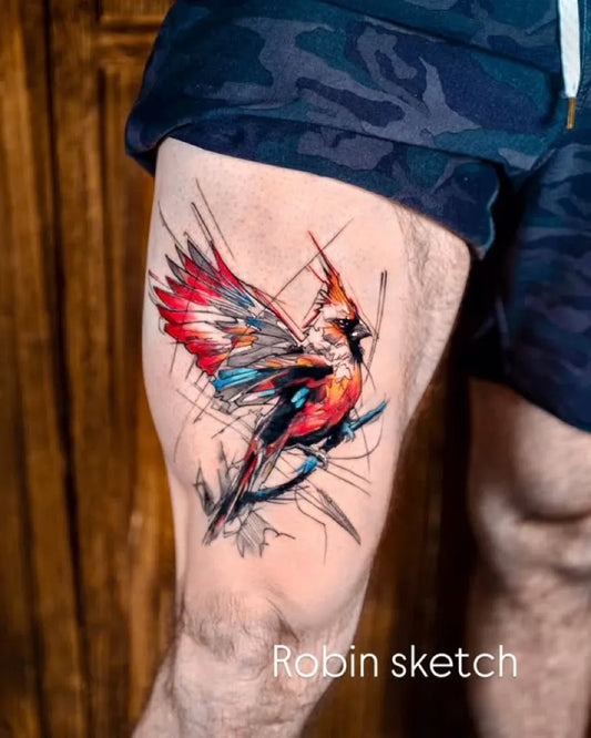 Medium Watercolor Cardinal Bird Tattoo on Men Thigh by @cinarts