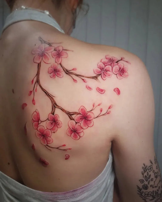 Medium Watercolor Cherry Blossom Tattoo on Women Shoulder by @3m_ink