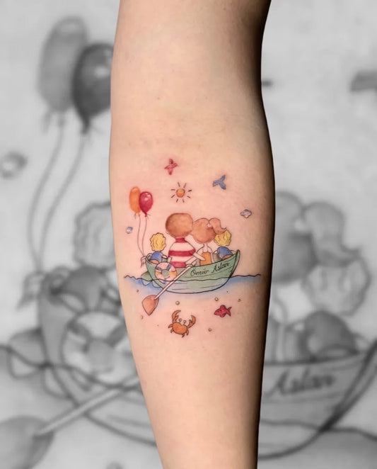 Medium Watercolor Children in Boat Family Tattoo on Women Arm by @sarperatil.ink